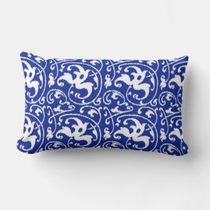 Ikat Floral Damask - Cobalt Blue and White Lumbar Cushion