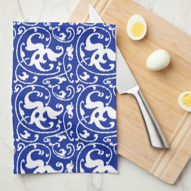 Ikat Floral Damask - Cobalt Blue and White Tea Towel (Quarter Fold)