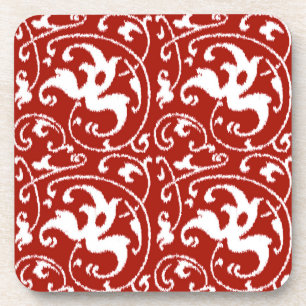 Ikat Floral Damask - Dark Red and White Coaster