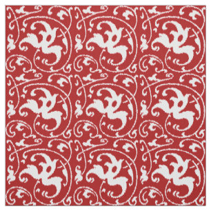 Ikat Floral Damask - Dark Red and White Fabric