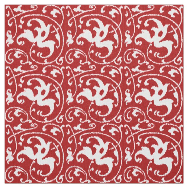 Ikat Floral Damask - Dark Red and White Fabric (Swatch)
