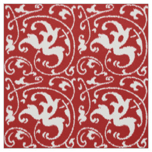 Ikat Floral Damask - Dark Red and White Fabric