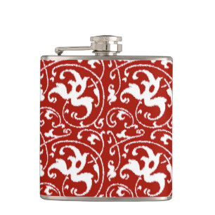 Ikat Floral Damask - Dark Red and White Hip Flask