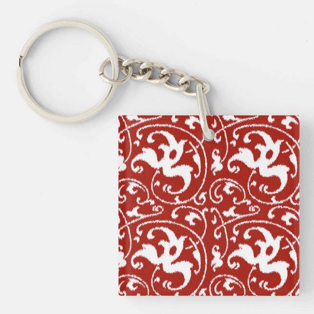Ikat Floral Damask - Dark Red and White Key Ring (Front)