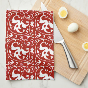 Ikat Floral Damask - Dark Red and White Tea Towel