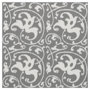 Ikat Floral Damask - Grey / Grey and White Fabric