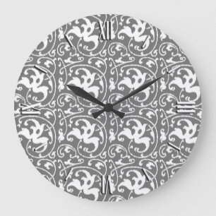 Ikat Floral Damask - Grey / Grey and White Large Clock