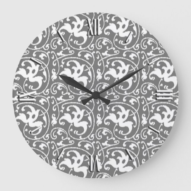 Ikat Floral Damask - Grey / Grey and White Large Clock (Front)