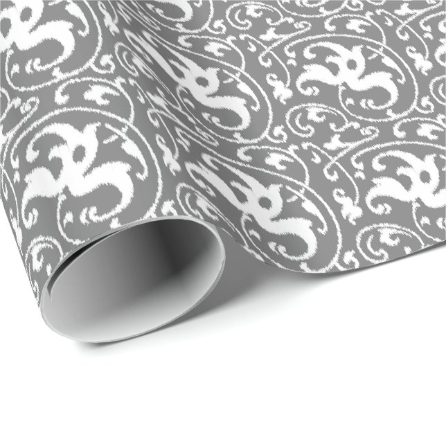 Ikat Floral Damask - Grey / Grey and White Wrapping Paper (Roll Corner)