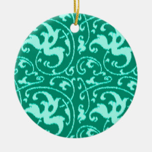 Ikat Floral Damask - Turquoise and Aqua Ceramic Tree Decoration