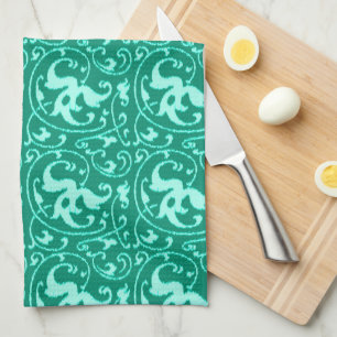 Ikat Floral Damask - Turquoise and Aqua Tea Towel