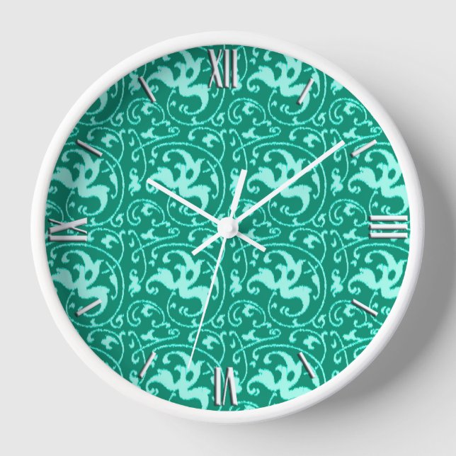 Ikat Floral Damask - Turquoise and Aqua Wall Clock (Front)
