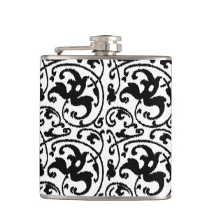 Ikat Floral Damask - White and Black Hip Flask