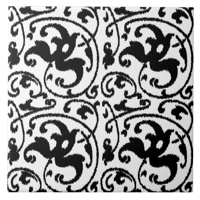 Ikat Floral Damask - White and Black Tile (Front)