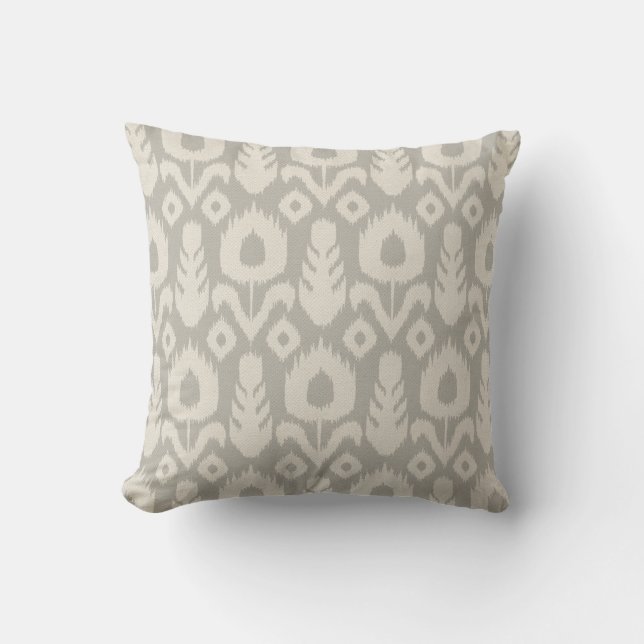 Ikat Floral Pattern Light Grey and Natural Cushion (Front)