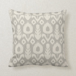 Ikat Floral Pattern Light Grey and Natural Cushion