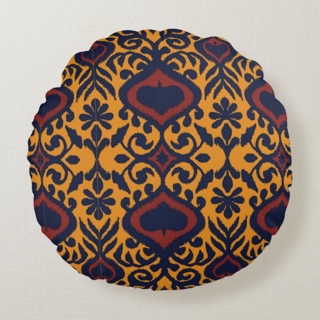 Ikat geometric folklore ornament. Oriental damask  Round Cushion (Front)