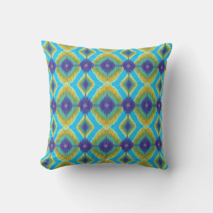 IKAT Modern Zig Zag Peacock Turquoise Pattern Cushion