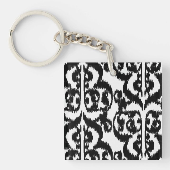 Ikat Moorish Damask - black and white Key Ring (Front)