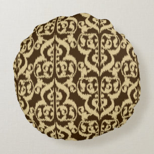 Ikat Moorish Damask - chocolate brown and tan Round Cushion