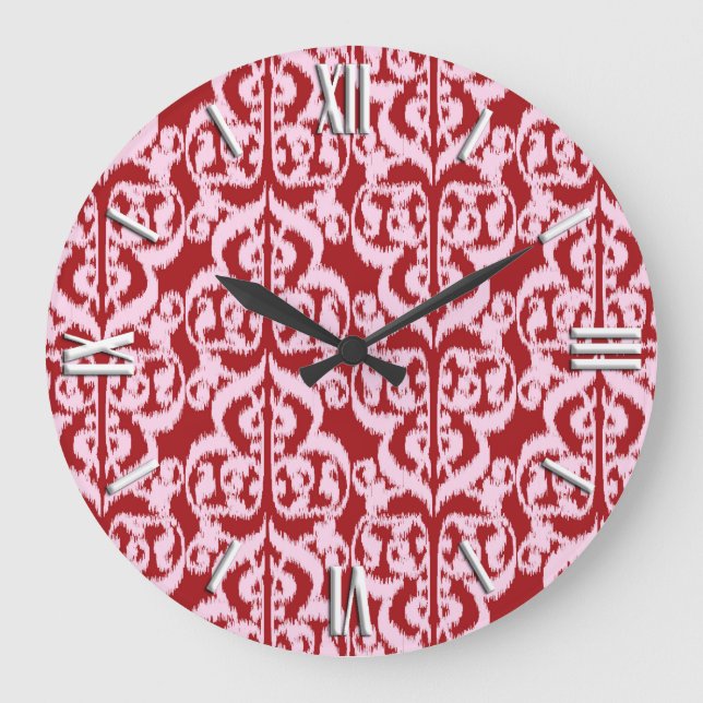 Ikat Moorish Damask - dark red and pink Large Clock (Front)