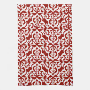 Ikat Moorish Damask - dark red and white Tea Towel