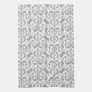 Ikat Moorish Damask - silver grey and white Tea Towel