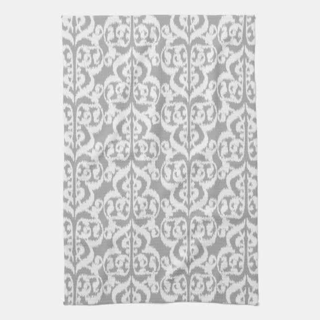 Ikat Moorish Damask - silver grey and white Tea Towel (Vertical)