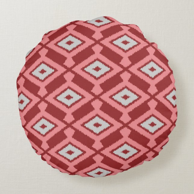Ikat Pattern - Burgundy, Grey and Coral Round Cushion (Back)