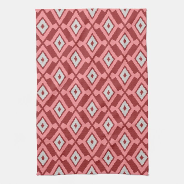 Ikat Pattern - Burgundy, Grey and Coral Tea Towel (Vertical)