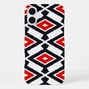 Ikat Pattern - Dark Red, Black and White iPhone 16 Plus Case