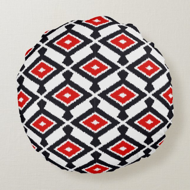 Ikat Pattern - Dark Red, Black and White Round Cushion (Back)