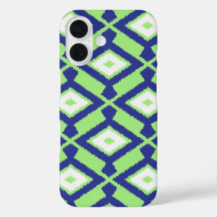 Ikat Pattern - Green, Indigo Blue and White iPhone 16 Case