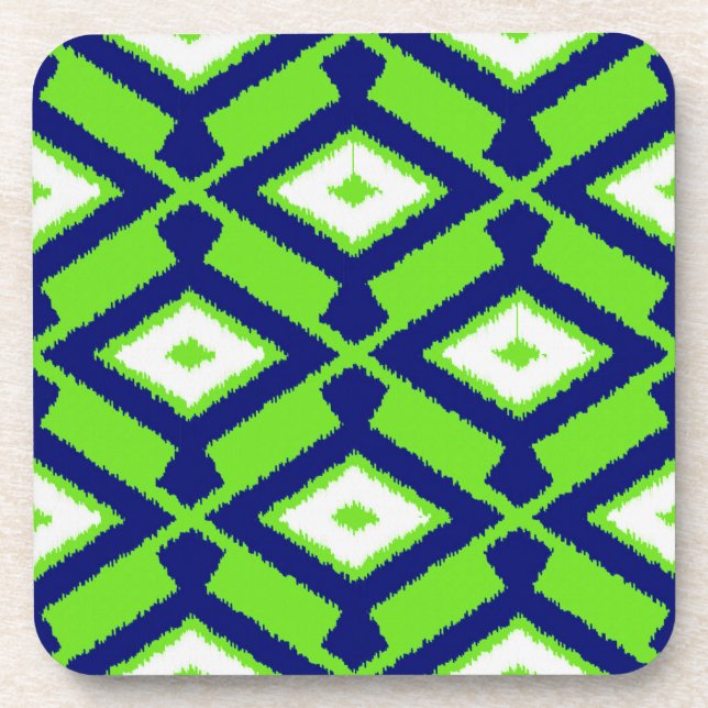 Ikat Pattern - Green, Indigo Blue and White Coaster (Front)