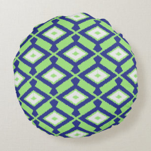 Ikat Pattern - Green, Indigo Blue and White Round Cushion