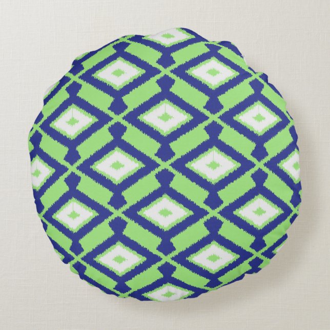 Ikat Pattern - Green, Indigo Blue and White Round Cushion (Back)