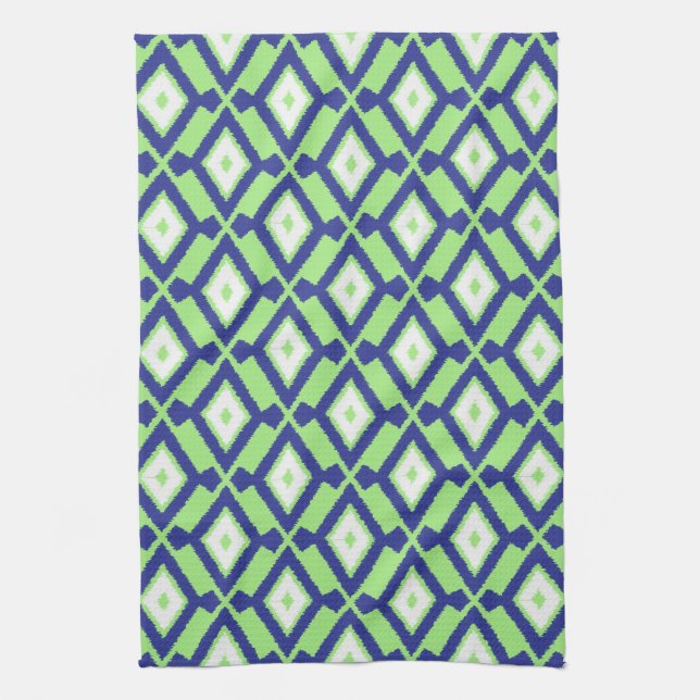 Ikat Pattern - Green, Indigo Blue and White Tea Towel (Vertical)