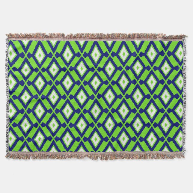 Ikat Pattern - Green, Indigo Blue and White Throw Blanket (Front)