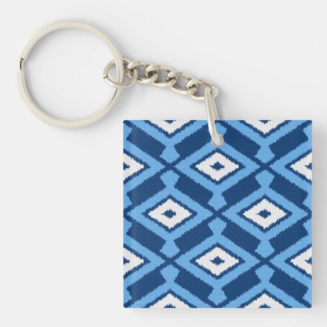 Ikat Pattern - Indigo and Denim Blue Key Ring (Front)