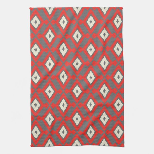 Ikat Pattern - Red, Grey and Beige Tea Towel (Vertical)