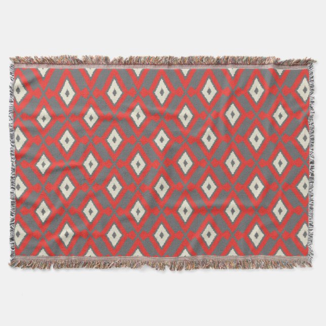 Ikat Pattern - Red, Grey and Beige Throw Blanket (Front)