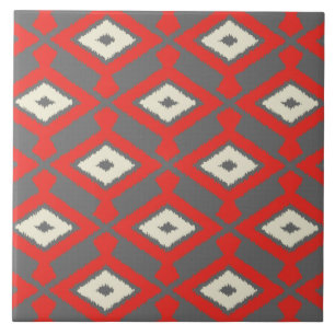 Ikat Pattern - Red, Grey and Beige Tile