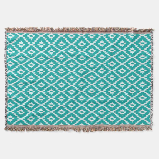 Ikat pattern - Turquoise and white Throw Blanket (Front)