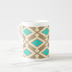 Ikat Pattern - Turquoise, Taupe and Beige Bone China Mug