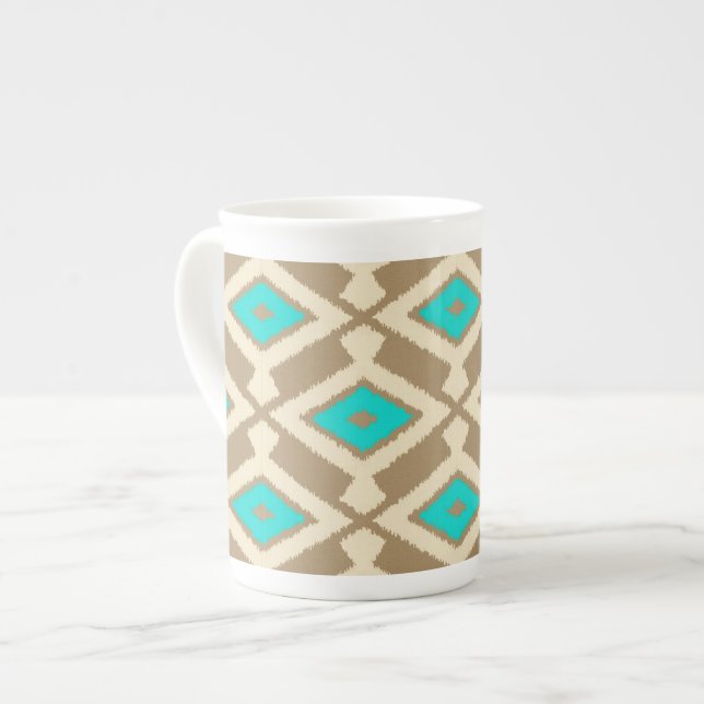 Ikat Pattern - Turquoise, Taupe and Beige Bone China Mug (Front Left)