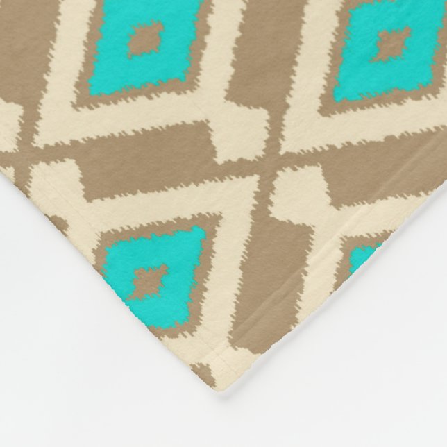 Ikat Pattern - Turquoise, Taupe and Beige Fleece Blanket (Corner)