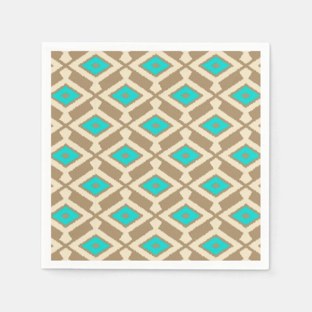 Ikat Pattern - Turquoise, Taupe and Beige Napkin (Front)