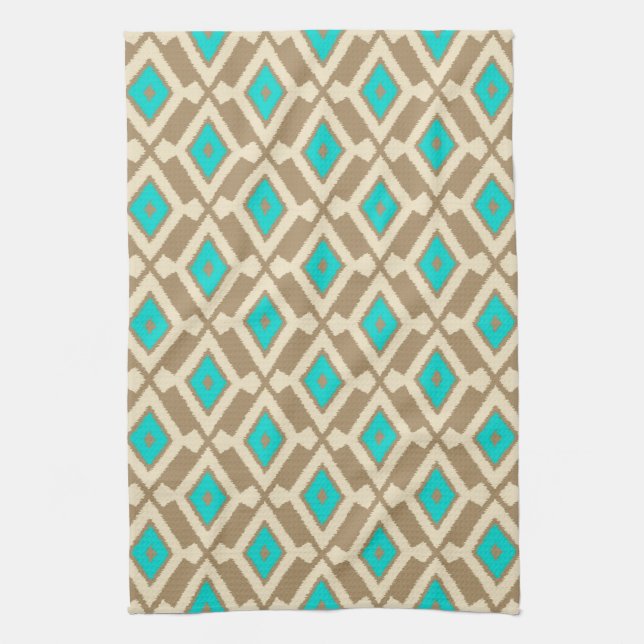 Ikat Pattern - Turquoise, Taupe and Beige Tea Towel (Vertical)