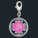 Ikat & Pink Monogram Charm<br><div class="desc">A gift which can be personalised with your monogram inside pink circle at centre.  Background is navy blue and white ikat pattern.</div>