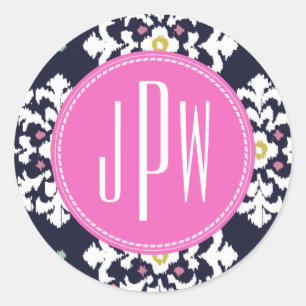 Ikat & Pink Monogram Classic Round Sticker